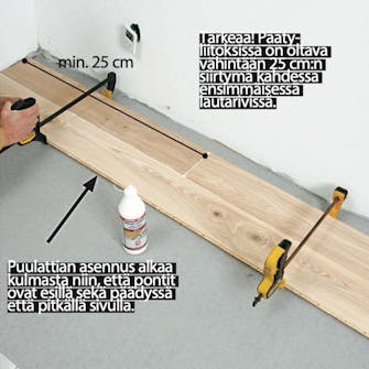 Lattialämmitys puulattiaan: Ensimmäiset laudat kootaan tii-viisti Lattialämmitys puulattiaan: Ensimmäiset laudat kootaan tii-viisti